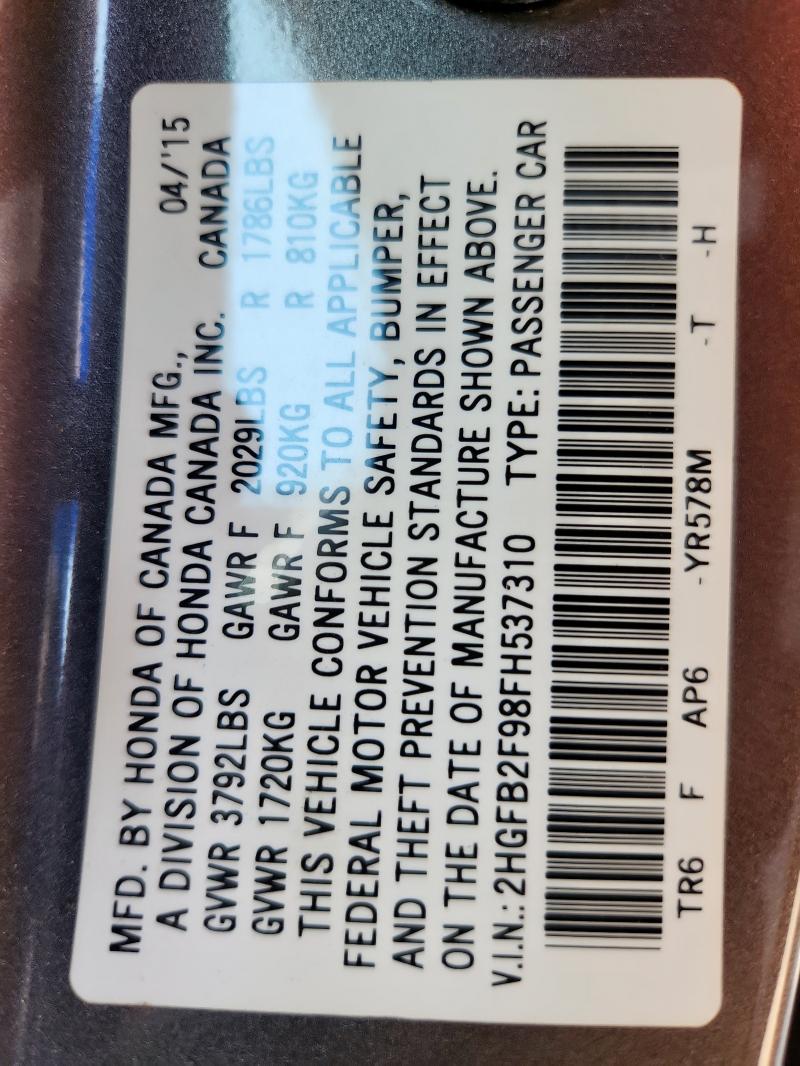 2HGFB2F98FH537310 - 2015 HONDA CIVIC EXL BROWN photo 12