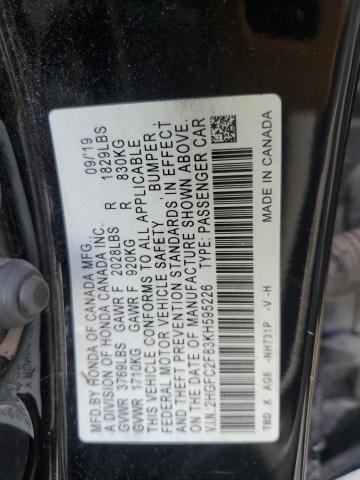 2HGFC2F83KH595226 - 2019 HONDA CIVIC SPORT Czarny zdjęcie 12