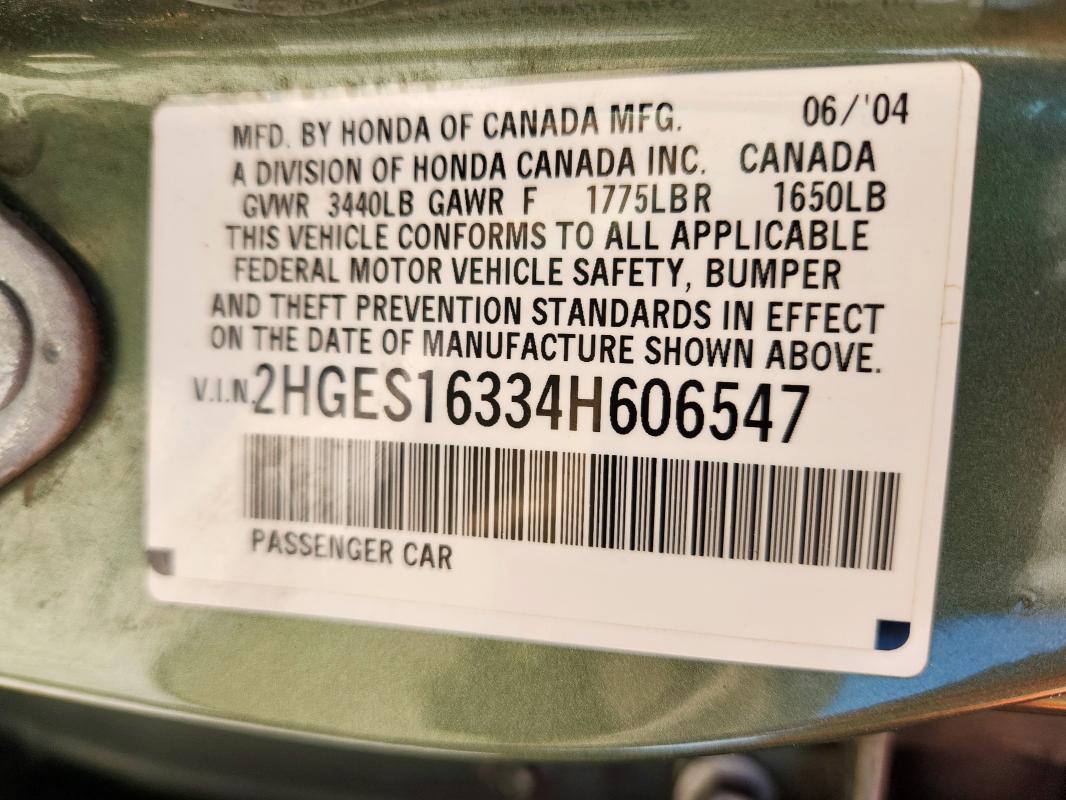2HGES16334H606547 - 2004 HONDA CIVIC DX VP GRAY photo 12