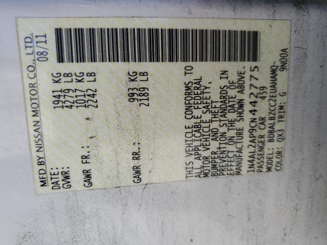 1N4AL2AP9CN442775 - 2012 NISSAN ALTIMA BASE 白色 照片 12
