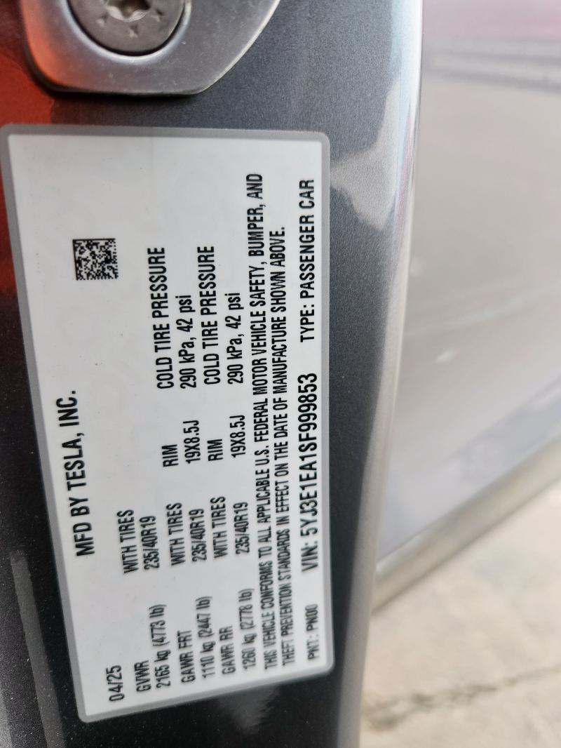 5YJ3E1EA1SF999853 - 2025 TESLA MODEL 3 GRAY photo 12