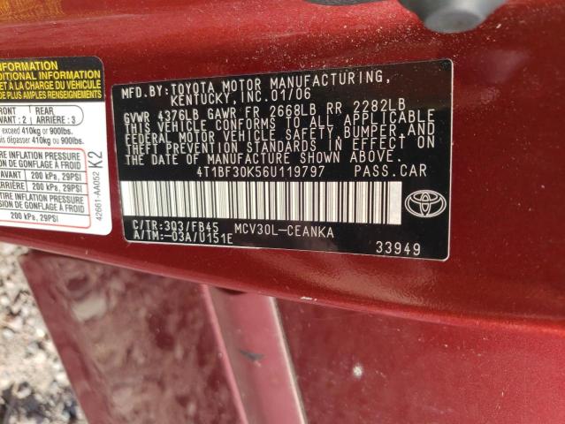 4T1BF30K56U119797 - 2006 TOYOTA CAMRY LE RED photo 13