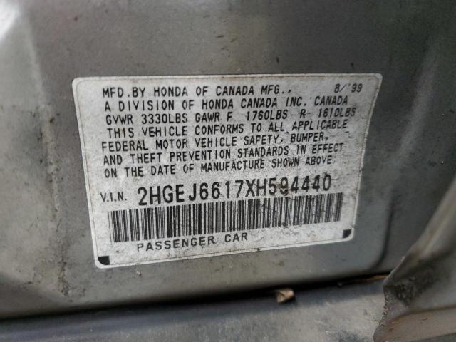 2HGEJ6617XH594440 - 1999 HONDA CIVIC BASE Gümüş foto 12