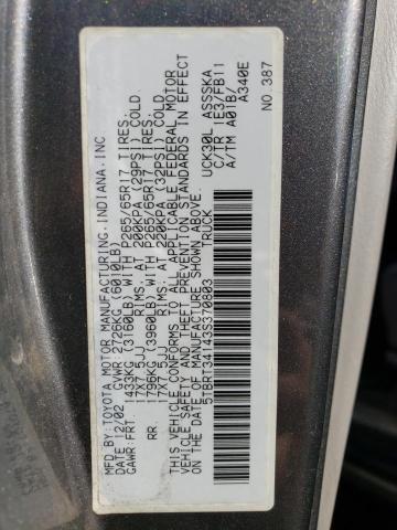 5TBRT34143S370803 - 2003 TOYOTA TUNDRA ACCESS CAB SR5 GRAY photo 12