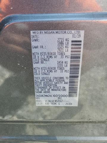 5N1DR2MN2KC605000 - 2019 NISSAN PATHFINDER S Szary zdjęcie 12