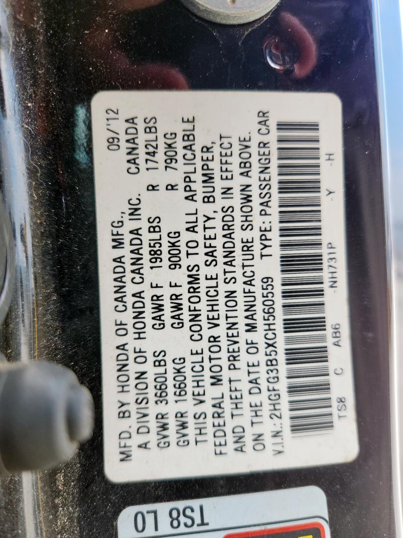 2HGFG3B5XCH560559 - 2012 HONDA CIVIC LX BLACK photo 12