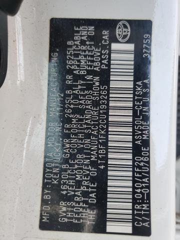 4T1BF1FK2CU193265 - 2012 TOYOTA CAMRY BASE WHITE photo 13