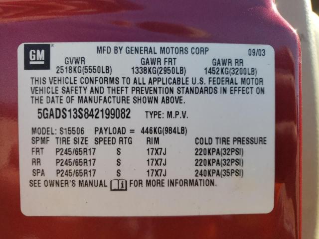 5GADS13S842199082 - 2004 BUICK RAINIER CXL RED photo 12