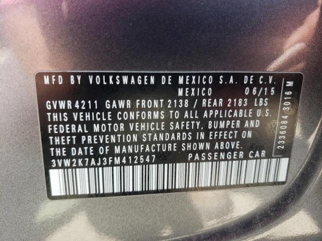 3VW2K7AJ3FM412547 - 2015 VOLKSWAGEN JETTA BASE ნაცრისფერი ფოტო 12