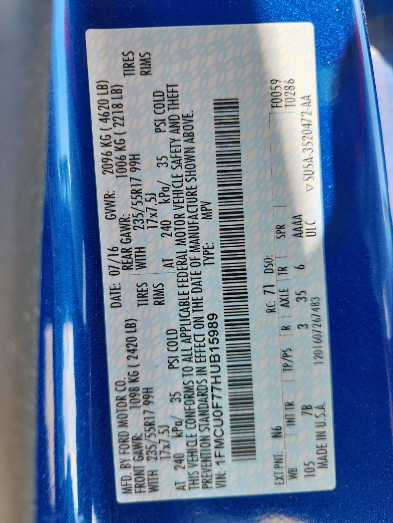 1FMCU0F77HUB15989 - 2017 FORD ESCAPE S BLUE photo 13