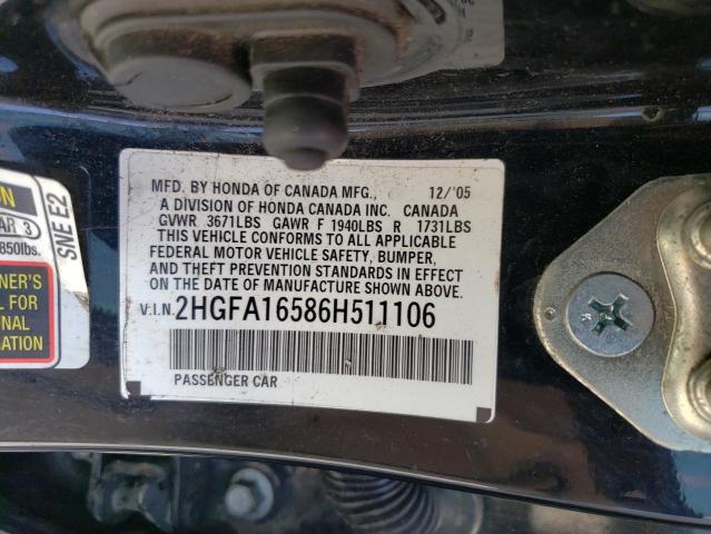 2HGFA16586H511106 - 2006 HONDA CIVIC LX BLACK photo 12