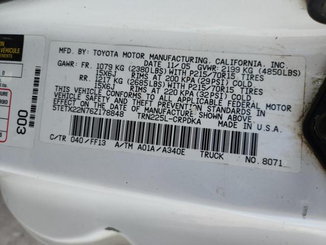 5TETX22N76Z178848 - 2006 TOYOTA TACOMA ACCESS CAB 白色 照片 12