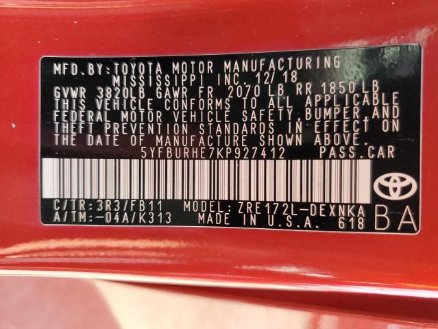 5YFBURHE7KP927412 - 2019 TOYOTA COROLLA L RED photo 12