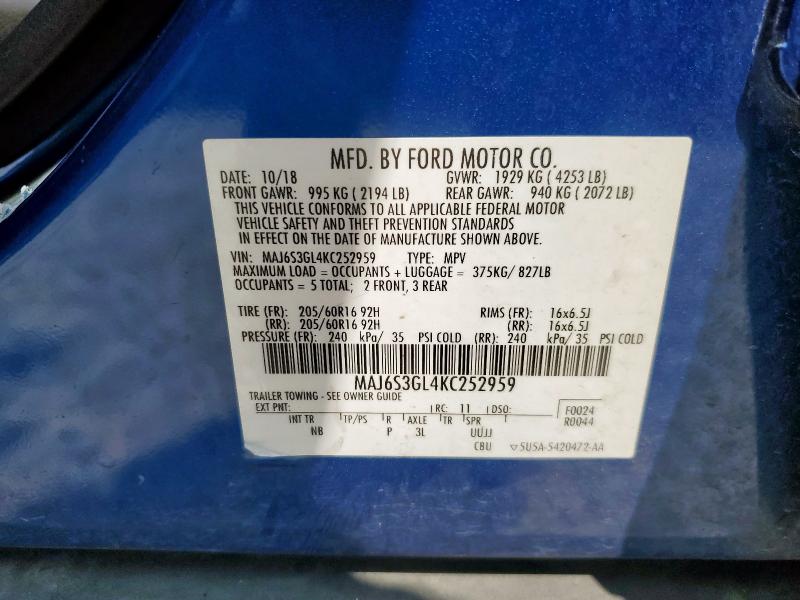 MAJ6S3GL4KC252959 - 2019 FORD ECOSPORT SE Azul foto 14