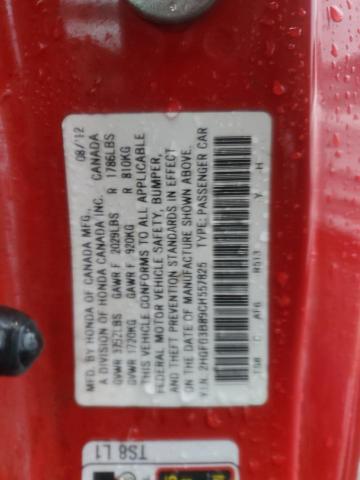 2HGFG3B89CH557825 - 2012 HONDA CIVIC EX RED photo 12