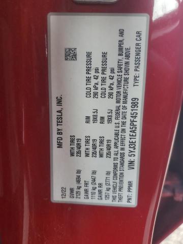 5YJ3E1EA5PF451989 - 2023 TESLA MODEL 3 红色 照片 13