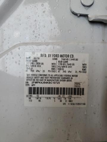 2FMPK4J94KBC10725 - 2019 FORD EDGE SEL WHITE photo 13