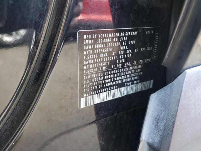 WVGAV7AX2GW603092 - 2016 VOLKSWAGEN TIGUAN S BLACK photo 12