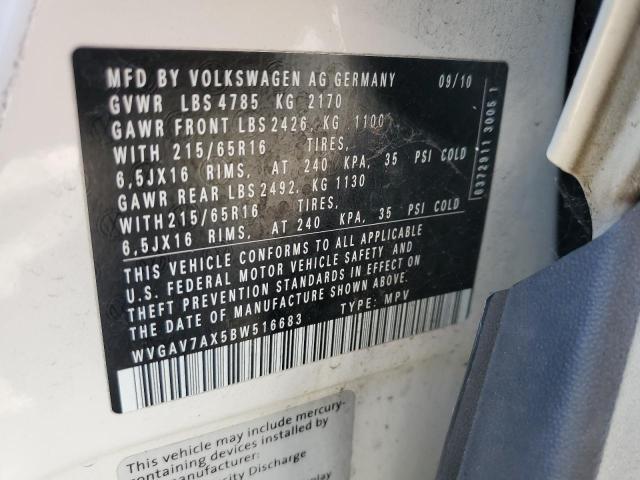 WVGAV7AX5BW516683 - 2011 VOLKSWAGEN TIGUAN S WHITE photo 13