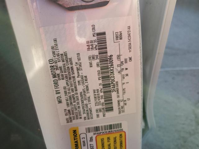 3FA6P0CD3KR260096 - 2019 FORD FUSION SEL WHITE photo 12