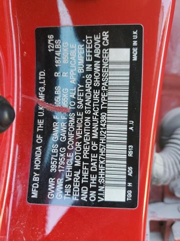 SHHFK7H57HU214380 - 2017 HONDA CIVIC EX RED photo 12