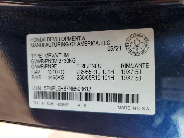 5FNRL6H87NB503612 - 2022 HONDA ODYSSEY TOURING 蓝色 照片 14