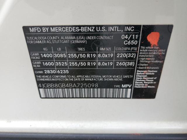 4JGBB8GB4BA725098 - 2011 MERCEDES-BENZ ML 350 4MATIC WHITE photo 12