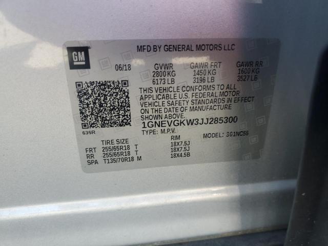 1GNEVGKW3JJ285300 - 2018 CHEVROLET TRAVERSE LT SILVER photo 13