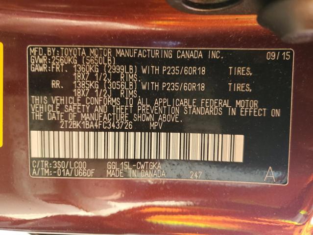 2T2BK1BA4FC343726 - 2015 LEXUS RX 350 BASE მუქწითელი ფოტო 13