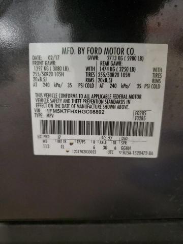 1FM5K7FHXHGC08892 - 2017 FORD EXPLORER LIMITED CHARCOAL photo 13