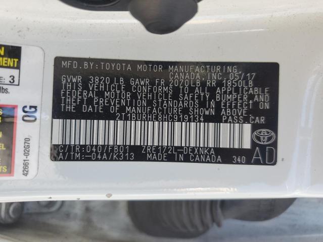 2T1BURHE8HC919134 - 2017 TOYOTA COROLLA L WHITE photo 12