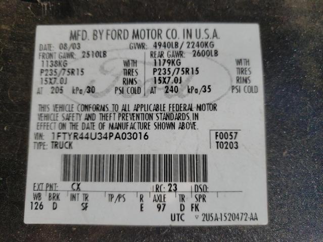 1FTYR44U34PA03016 - 2004 FORD RANGER SUPER CAB CHARCOAL photo 10