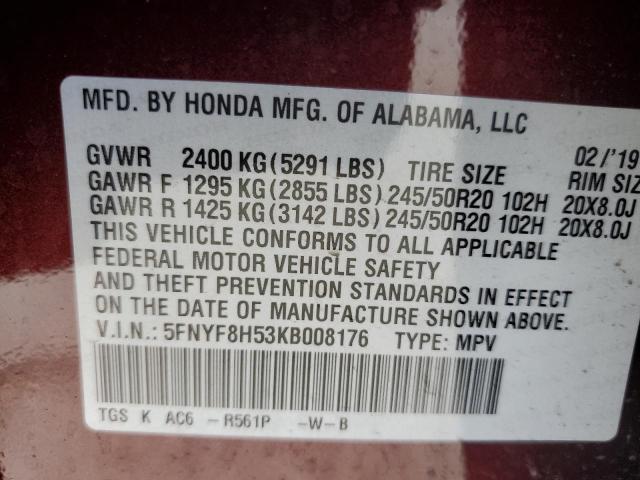 5FNYF8H53KB008176 - 2019 HONDA PASSPORT EXL برغندي صورة 13