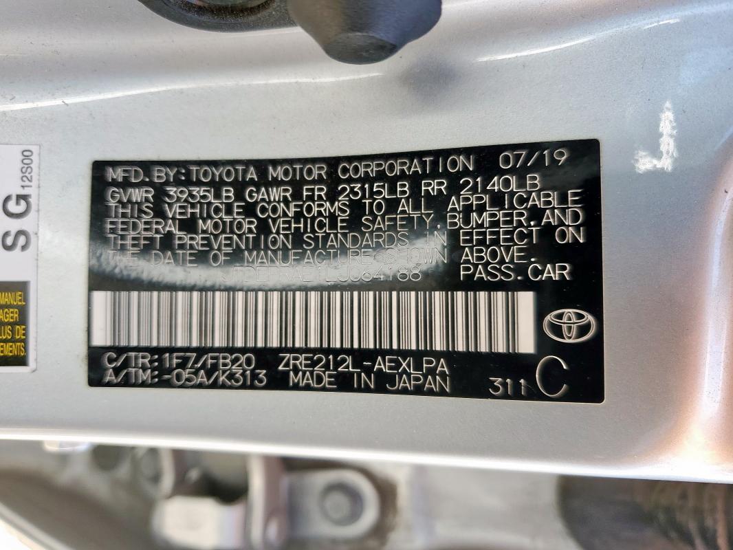 JTDEPRAE1LJ064188 - 2020 TOYOTA COROLLA LE Srebrny zdjęcie 12