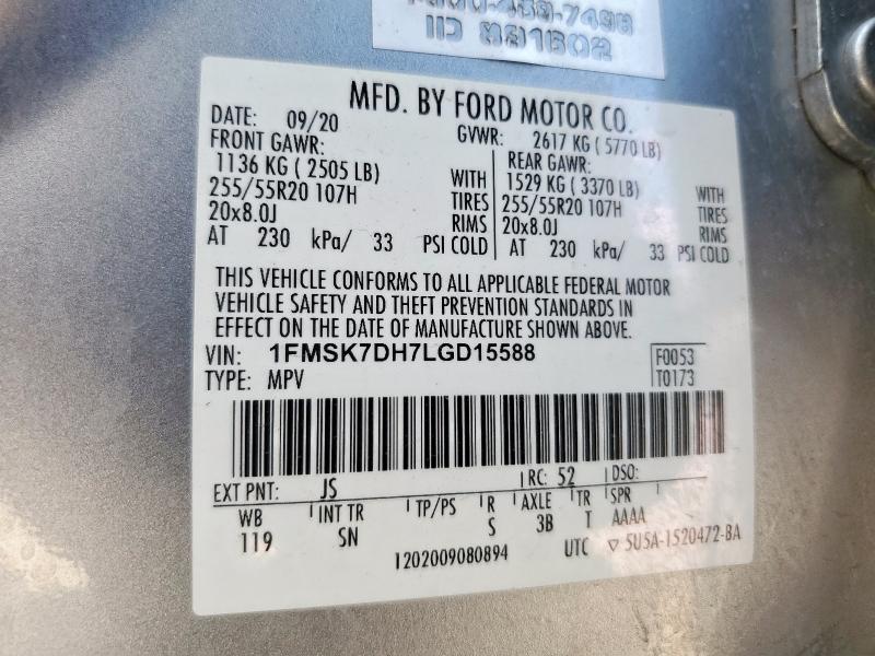 1FMSK7DH7LGD15588 - 2020 FORD EXPLORER XLT SILVER photo 13