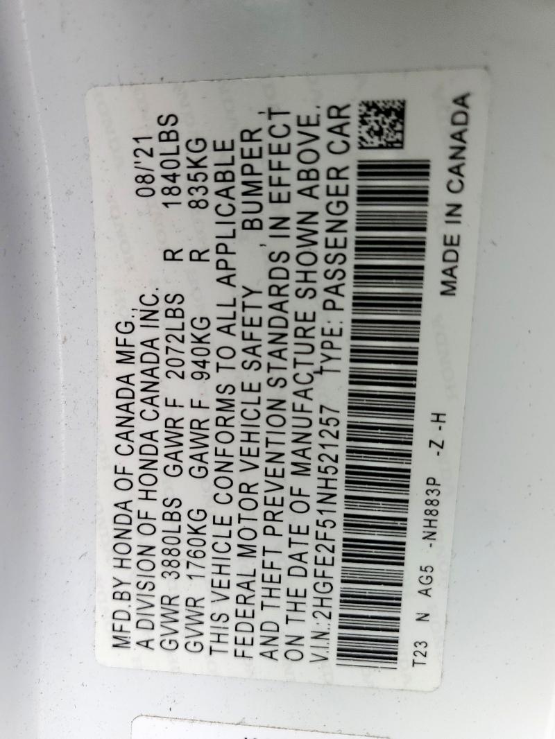 2HGFE2F51NH521257 - 2022 HONDA CIVIC SPORT WHITE photo 12