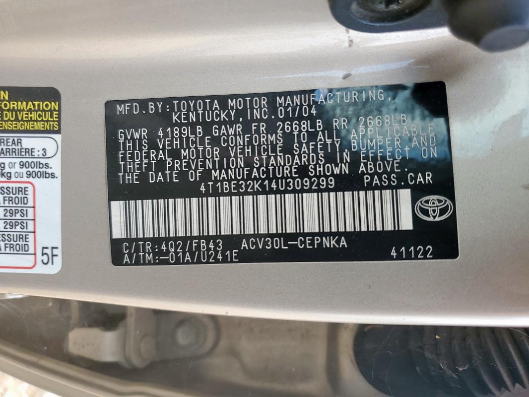 4T1BE32K14U309299 - 2004 TOYOTA CAMRY LE Gold Foto 12