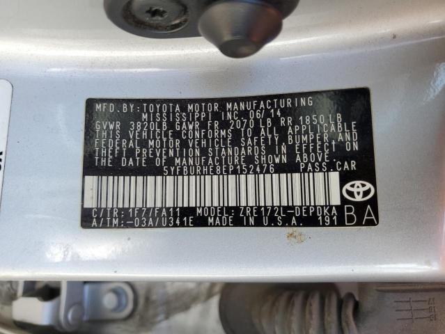 5YFBURHE8EP152476 - 2014 TOYOTA COROLLA L SILVER photo 13