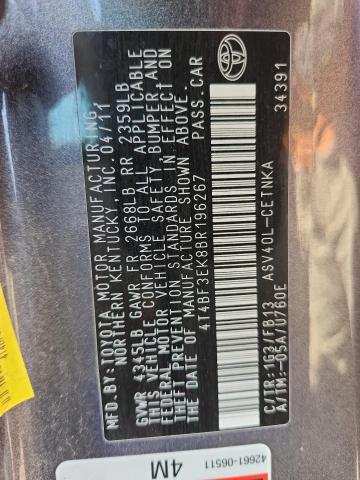 4T4BF3EK8BR196267 - 2011 TOYOTA CAMRY BASE GRAY photo 12