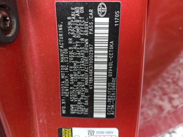 4T1BK46K37U002987 - 2007 TOYOTA CAMRY LE RED photo 12