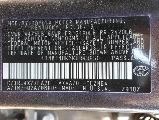 4T1B11HK7KU843850 - 2019 TOYOTA CAMRY L CHARCOAL photo 12