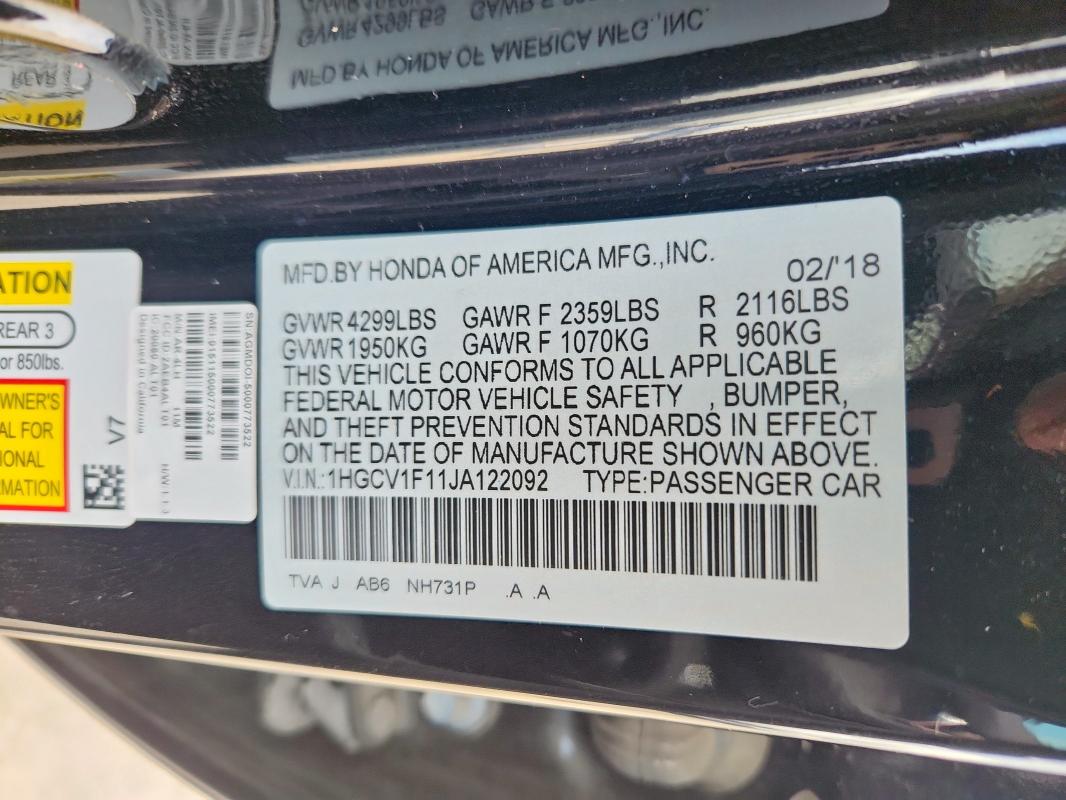 1HGCV1F11JA122092 - 2018 HONDA ACCORD LX BLACK photo 13