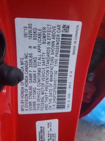 2HGFC2F82KH571192 - 2019 HONDA CIVIC SPORT წითელი ფოტო 12