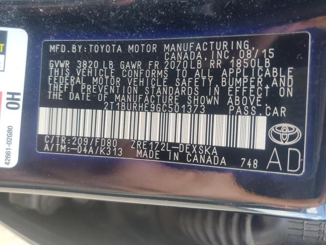 2T1BURHE9GC501373 - 2016 TOYOTA COROLLA L BLACK photo 12