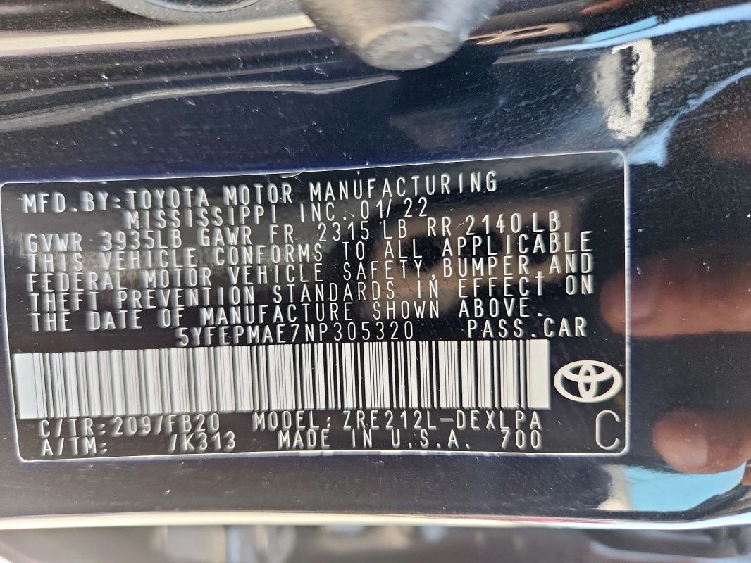 5YFEPMAE7NP305320 - 2022 TOYOTA COROLLA LE BLACK photo 13