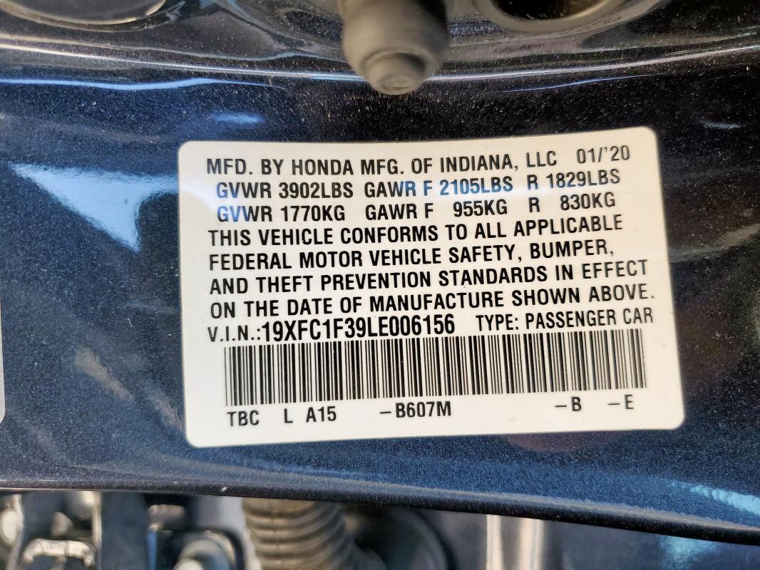 19XFC1F39LE006156 - 2020 HONDA CIVIC EX ლურჯი ფოტო 12