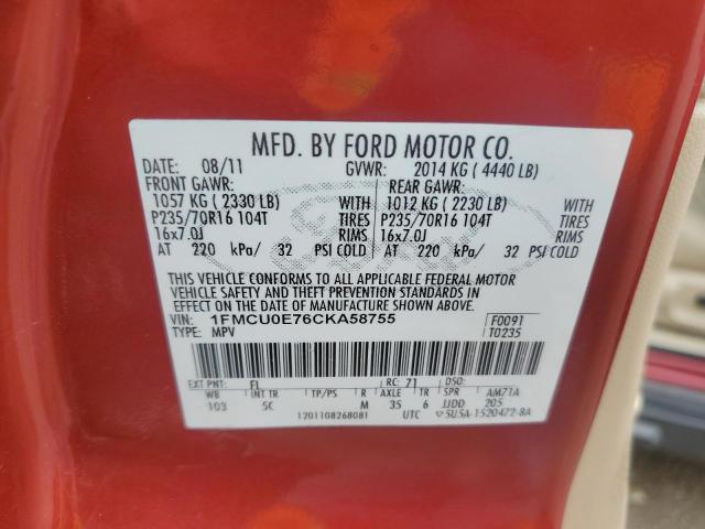 1FMCU0E76CKA58755 - 2012 FORD ESCAPE LIMITED 红色 照片 12