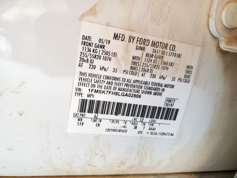 1FMSK7FH8LGA02806 - 2020 FORD EXPLORER LIMITED Ağ foto 13