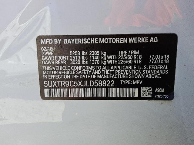 5UXTR9C5XJLD58822 - 2018 BMW X3 XDRIVE30I WHITE photo 13