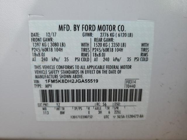 1FM5K8DH2JGA55519 - 2018 FORD EXPLORER XLT WHITE photo 13